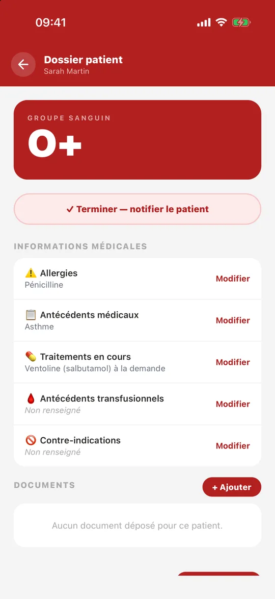 Dossier d'un patient vu par un professionnel de santé