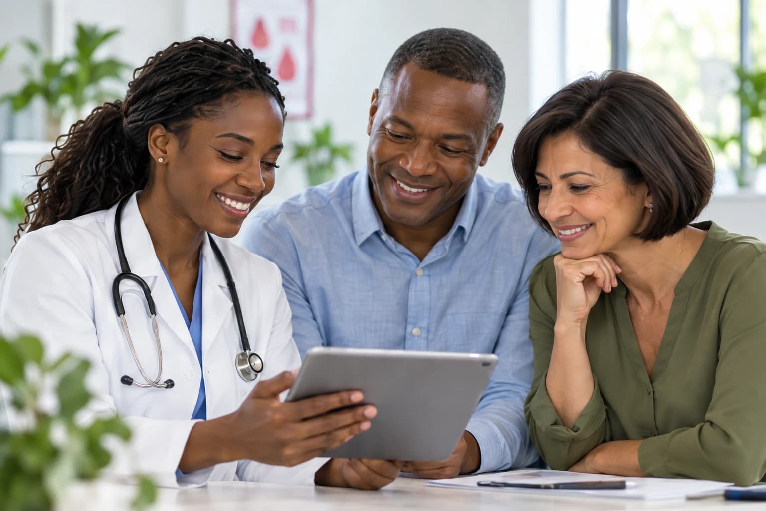 Une professionnelle de santé présente une tablette à deux personnes