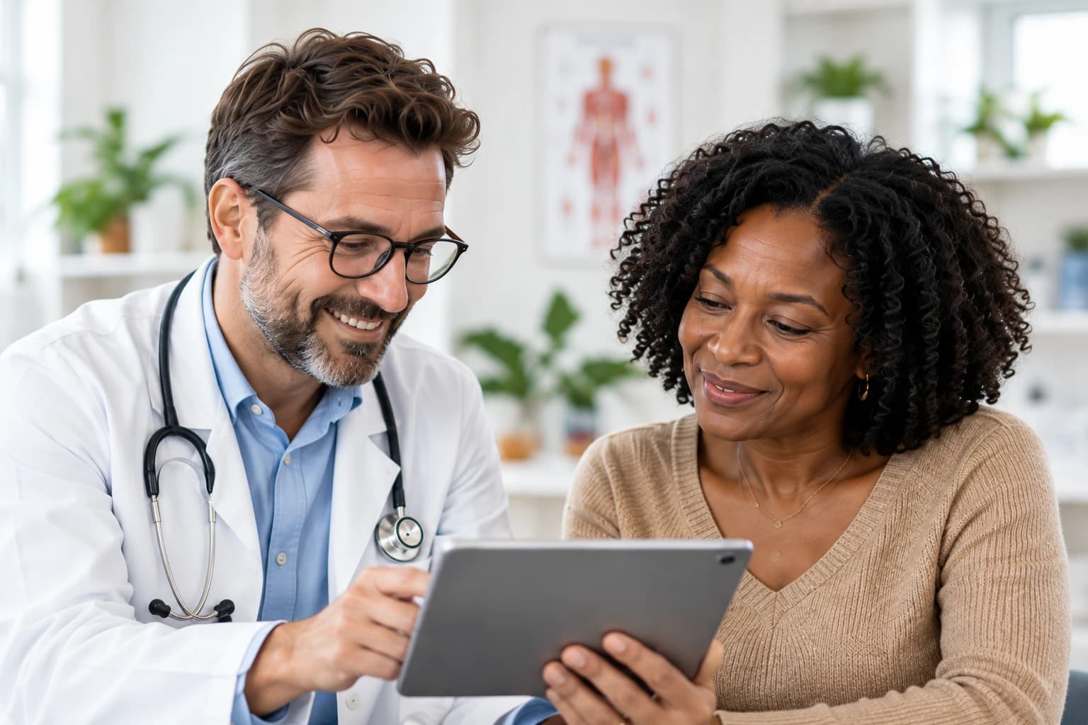 Un professionnel de santé et une patiente consultent des informations sur une tablette